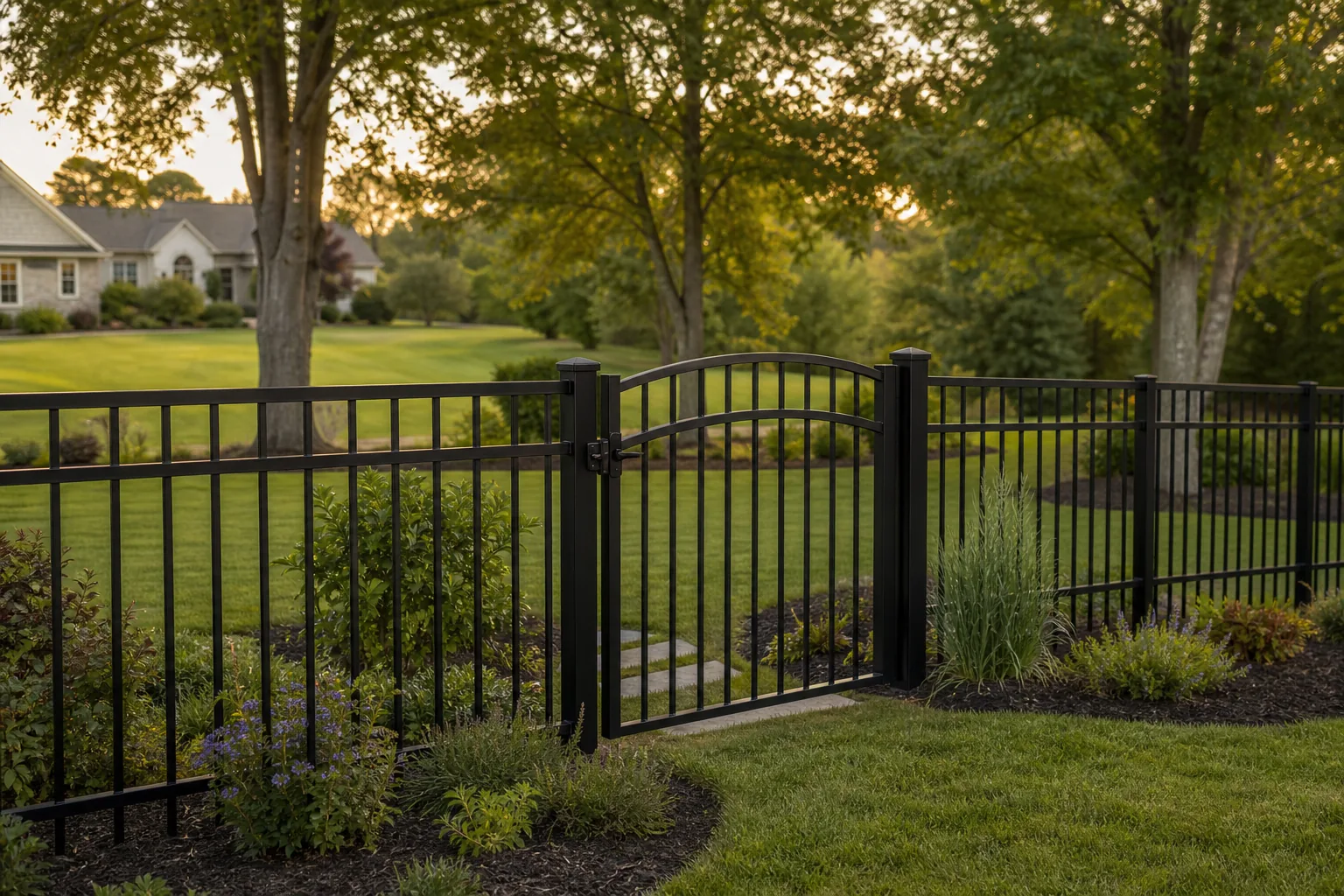 Black aluminum open-picket fence and arched walk gate