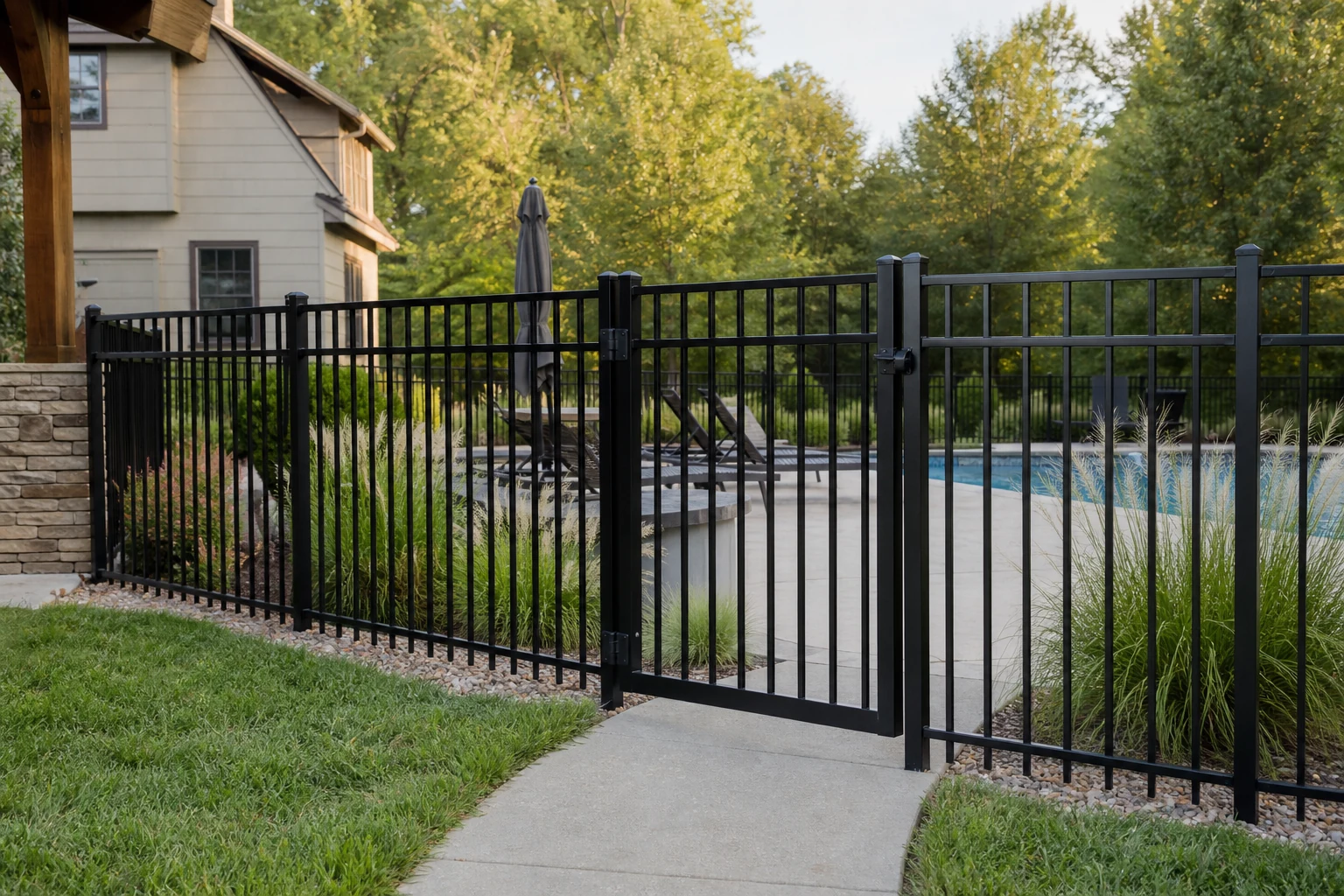 Black aluminum open-picket fence beside a backyard pool area