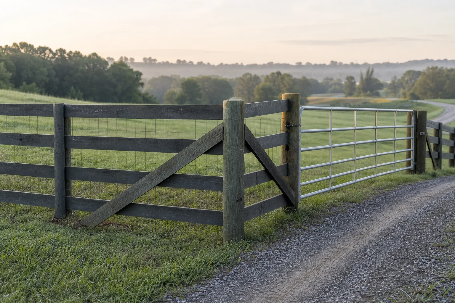 Board and woven-wire pasture fence at a farm corner