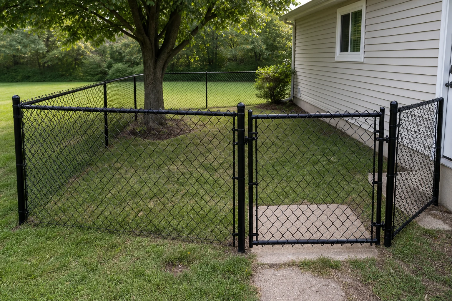 Black chain-link fence enclosing a residential dog yard