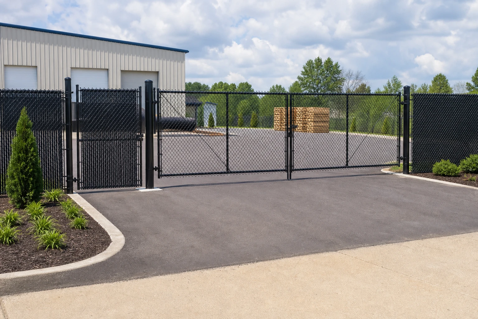 Black commercial chain-link perimeter with vehicle and pedestrian gates