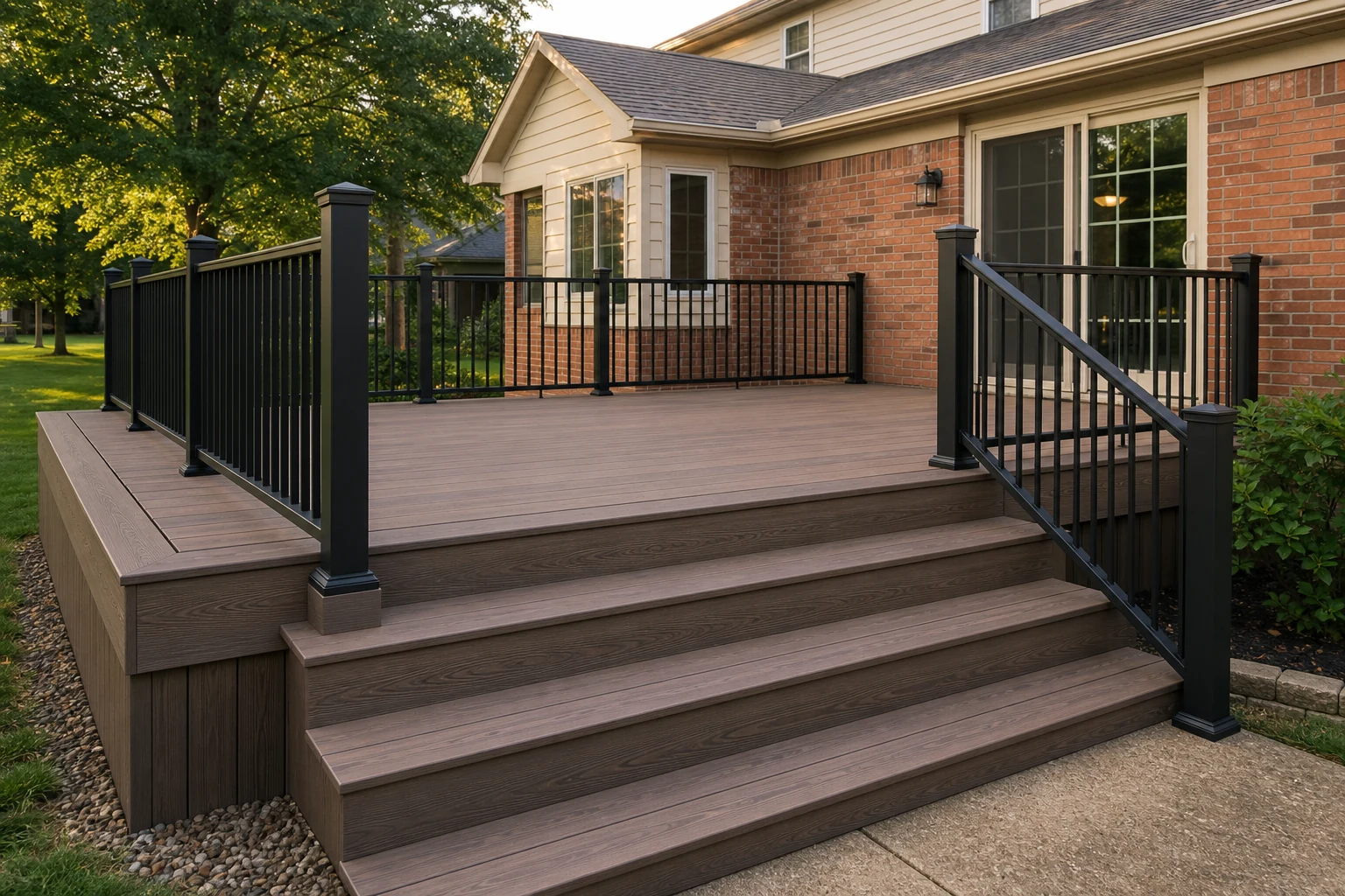 Composite backyard deck with stairs and black railing
