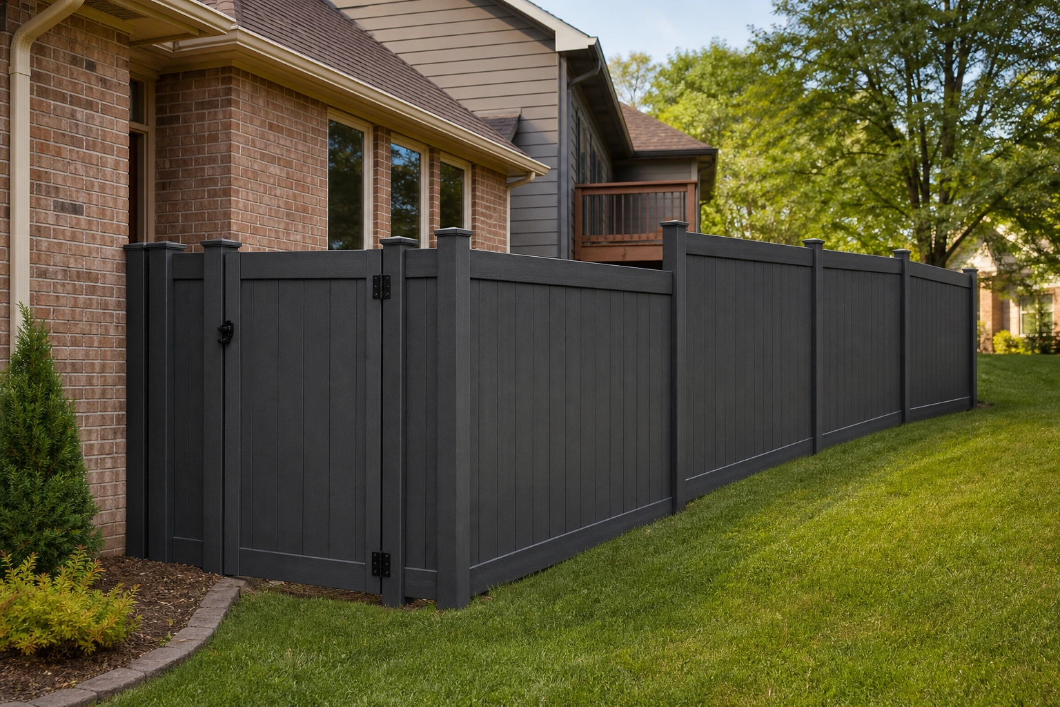 Dark composite privacy fence with a matching walk gate beside a residential yard