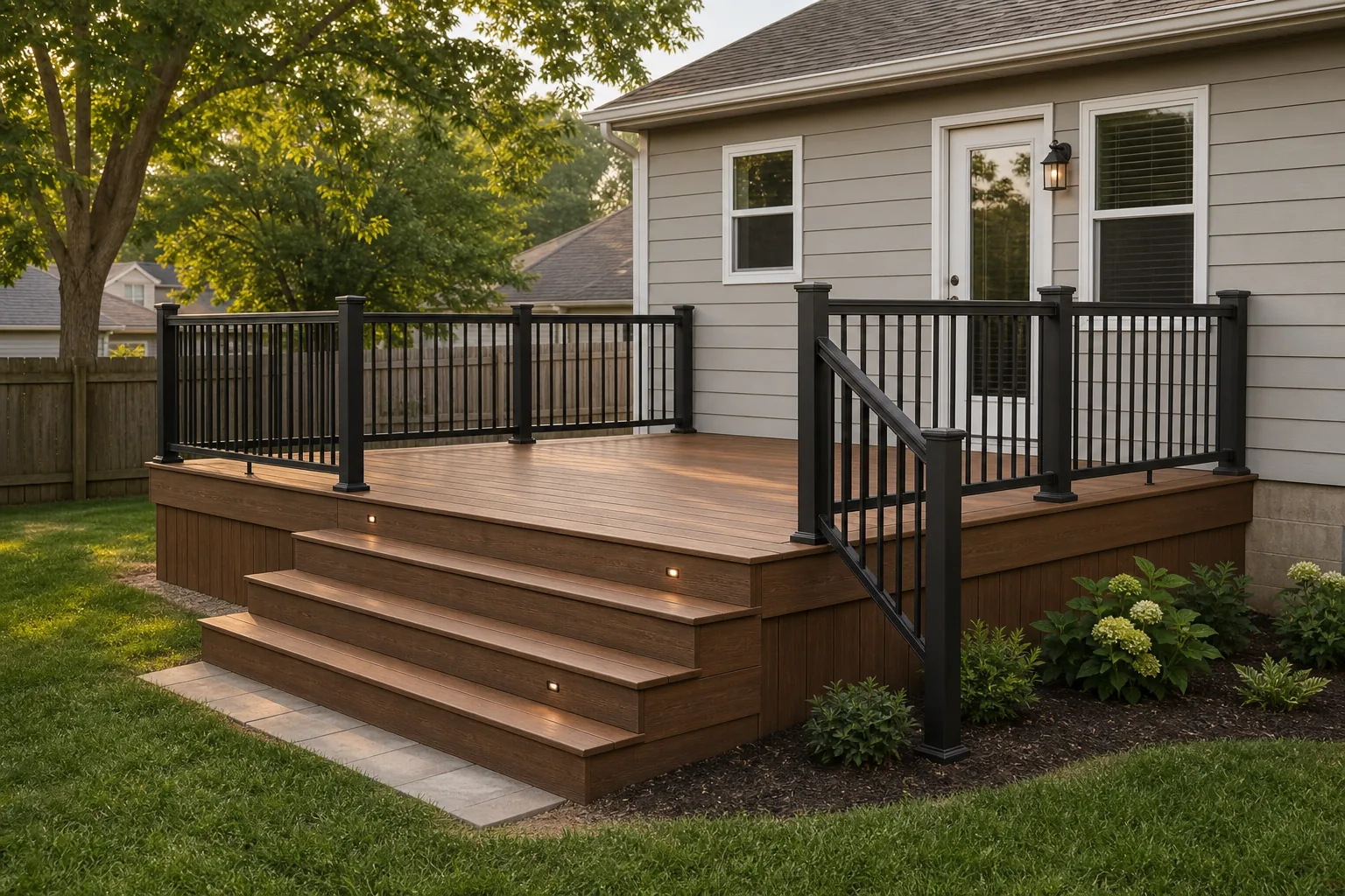 Backyard deck with stairs and black railing beside a Central Kentucky home