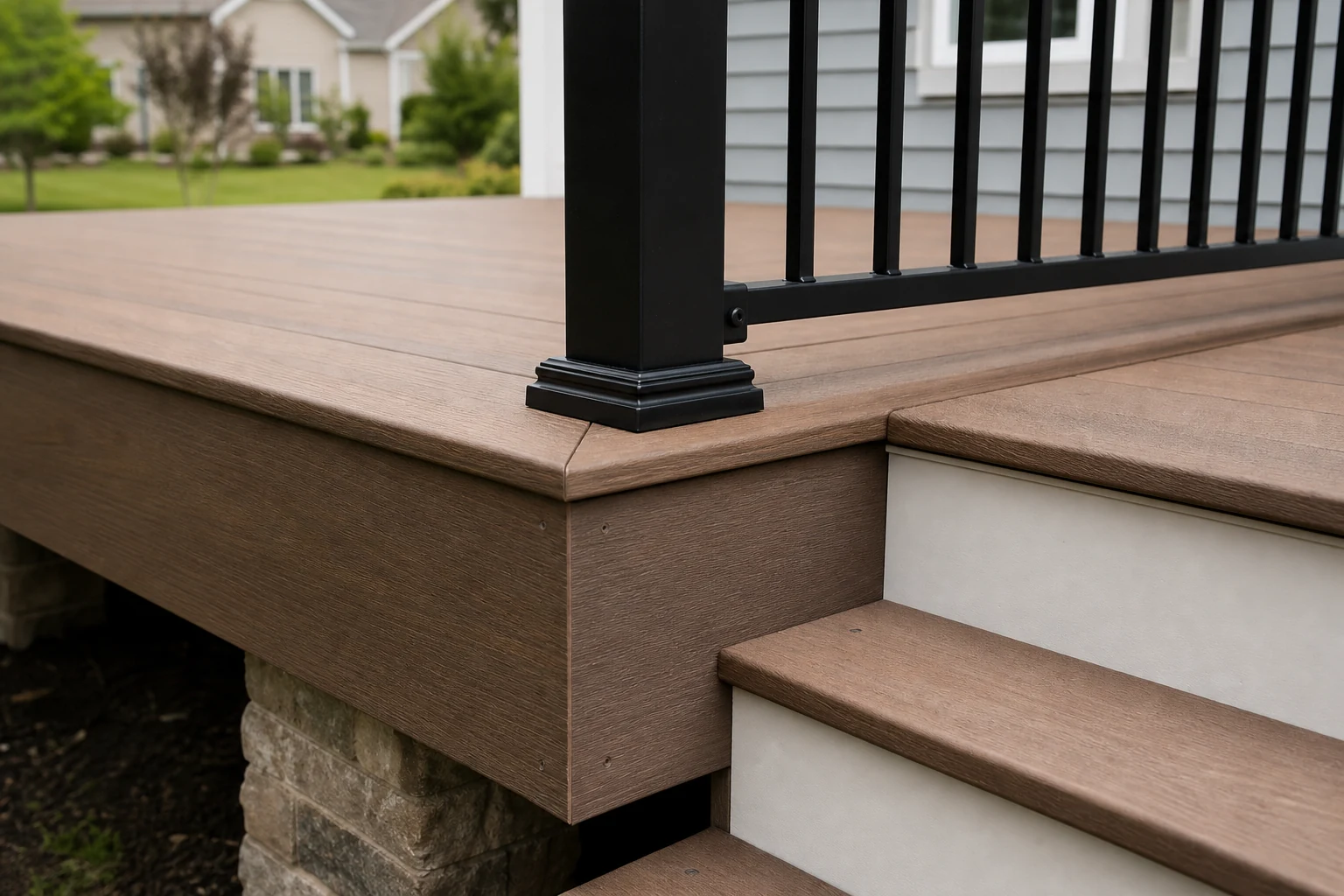 Deck board, fascia, railing, and stair material details