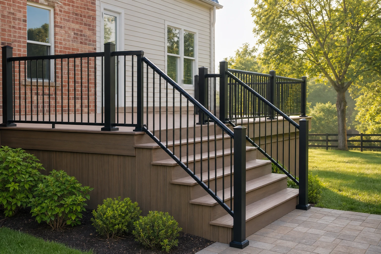 Black deck railing following the deck edge and stairs beside a home