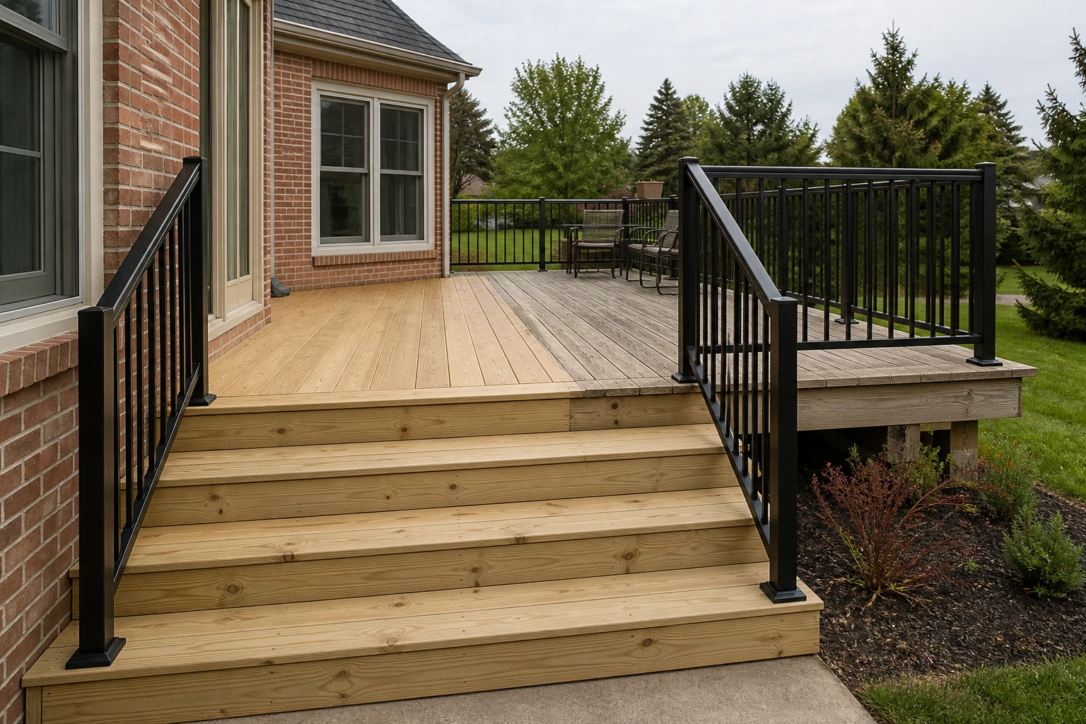 Renewed deck boards, stairs, and black railing beside a brick home