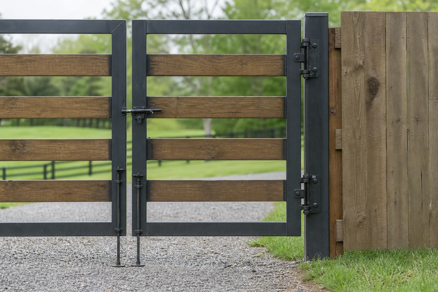 Manual driveway gate showing hinge, latch, and support hardware