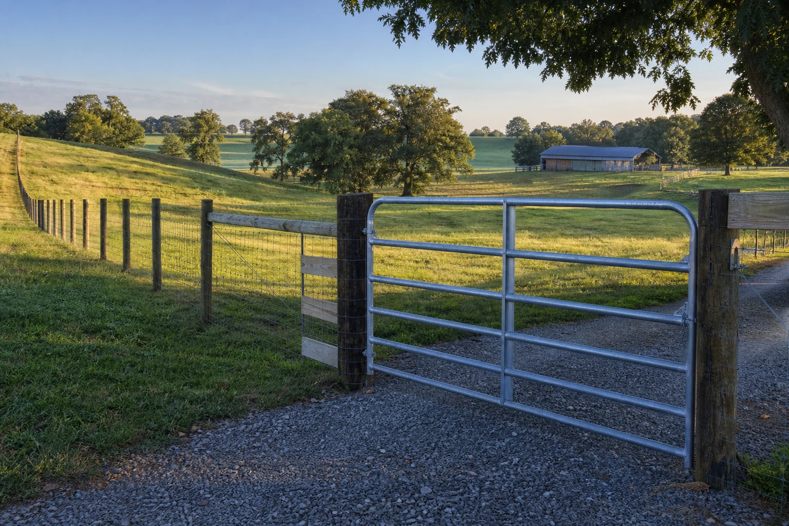 Woven-wire farm fence and galvanized field gate across a Central Kentucky pasture