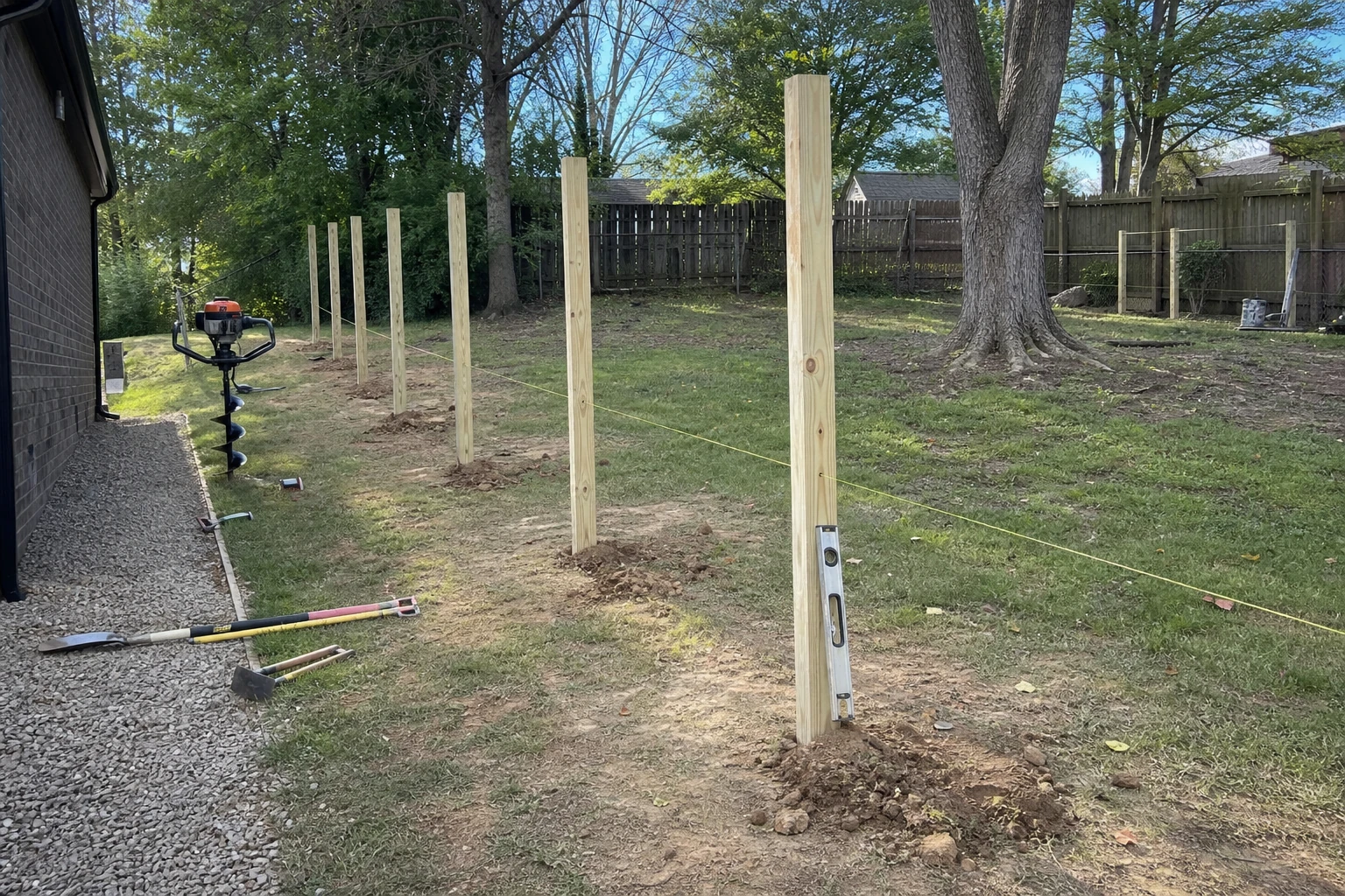 Straight fence-post line with string, level, and installation tools in a backyard