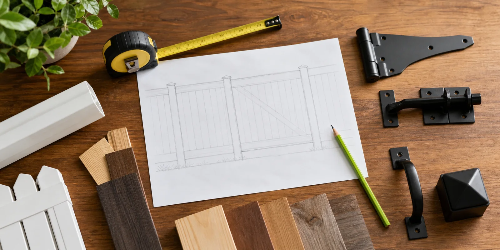 Fence layout planning with measuring tape and property notes