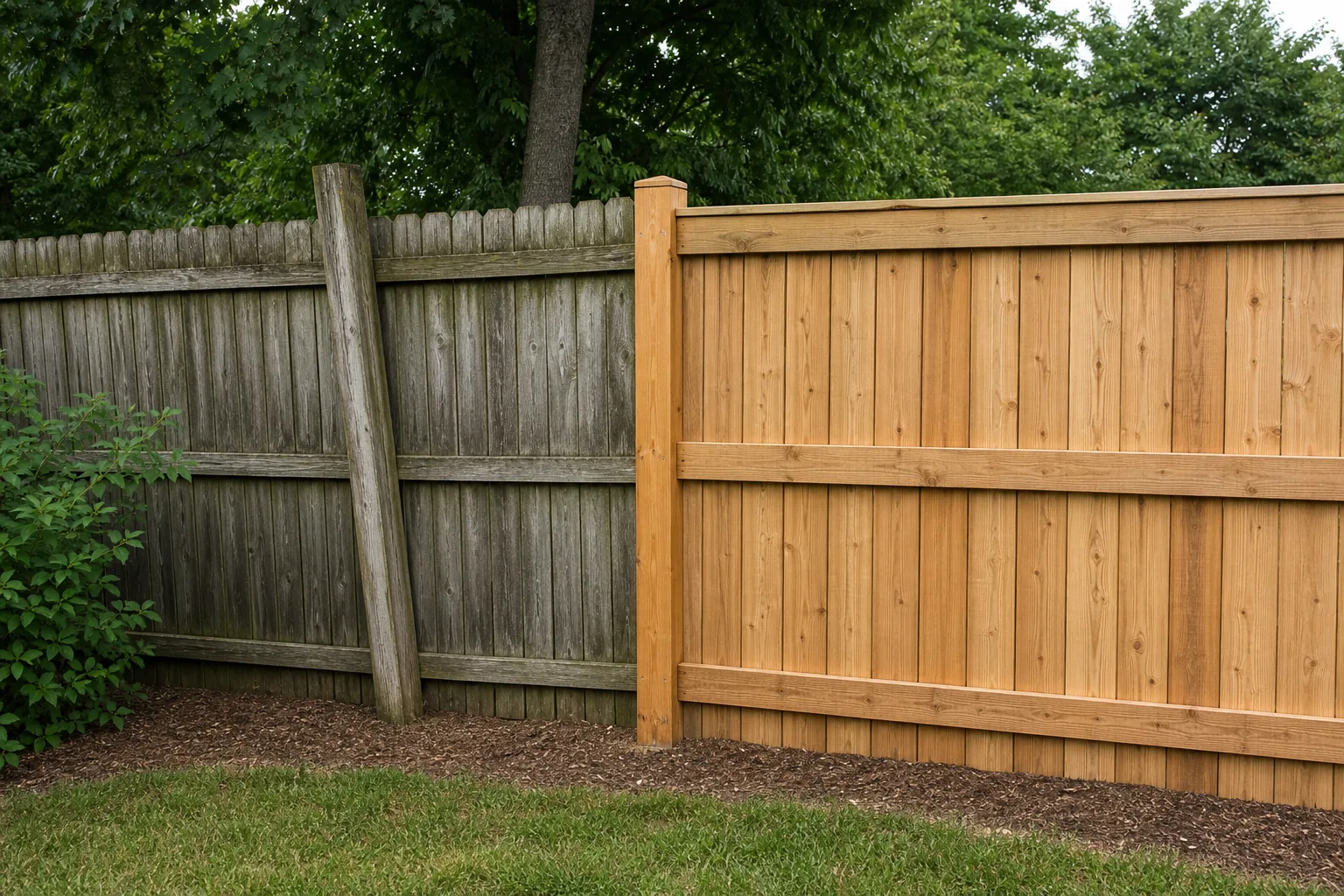 Comparison of an aged leaning fence section and a straight repaired section