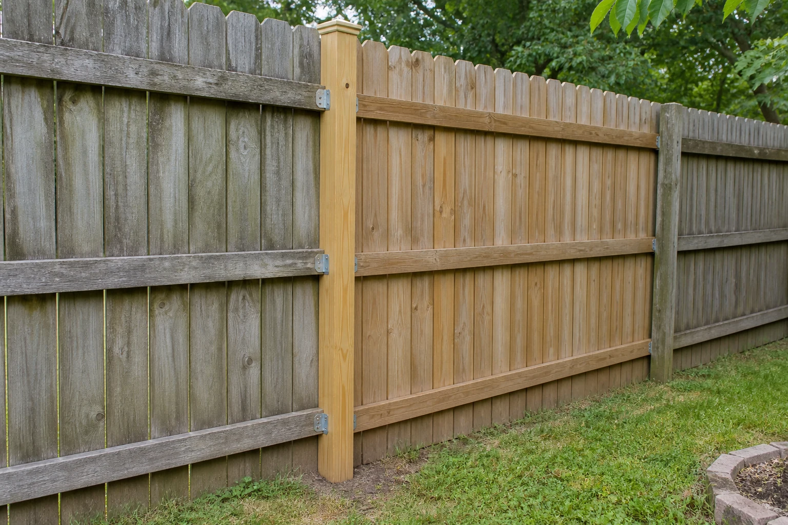 Wood fence repair at a replaced post and panel transition