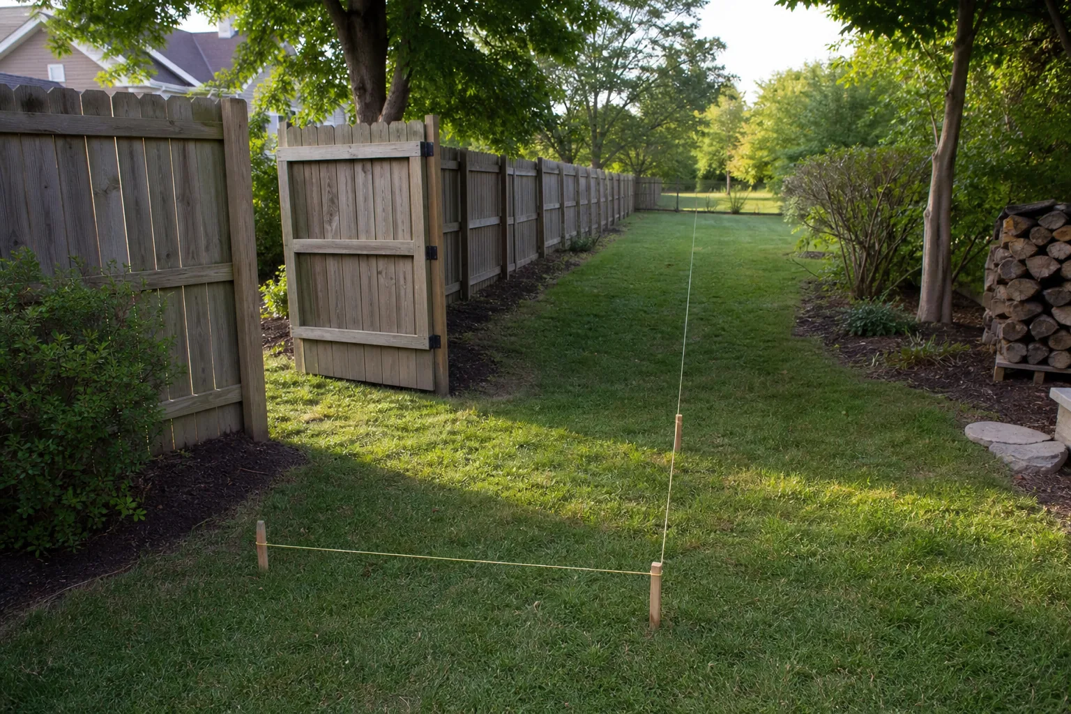 Open fence work corridor with layout stakes and clear yard access