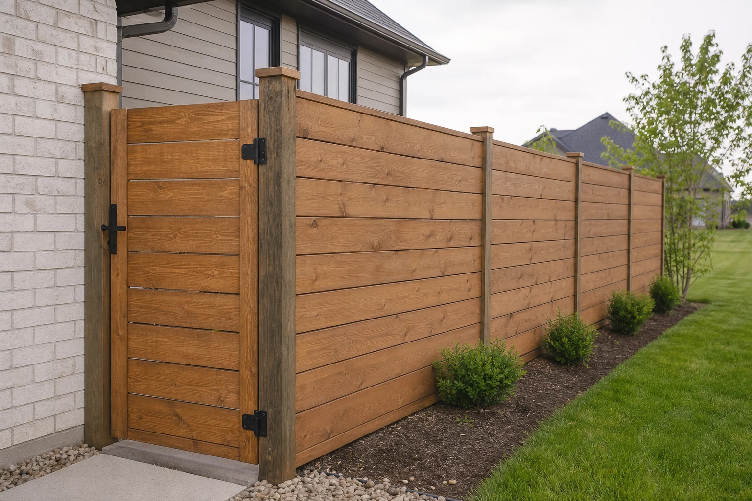 Horizontal wood privacy fence with a coordinated gate