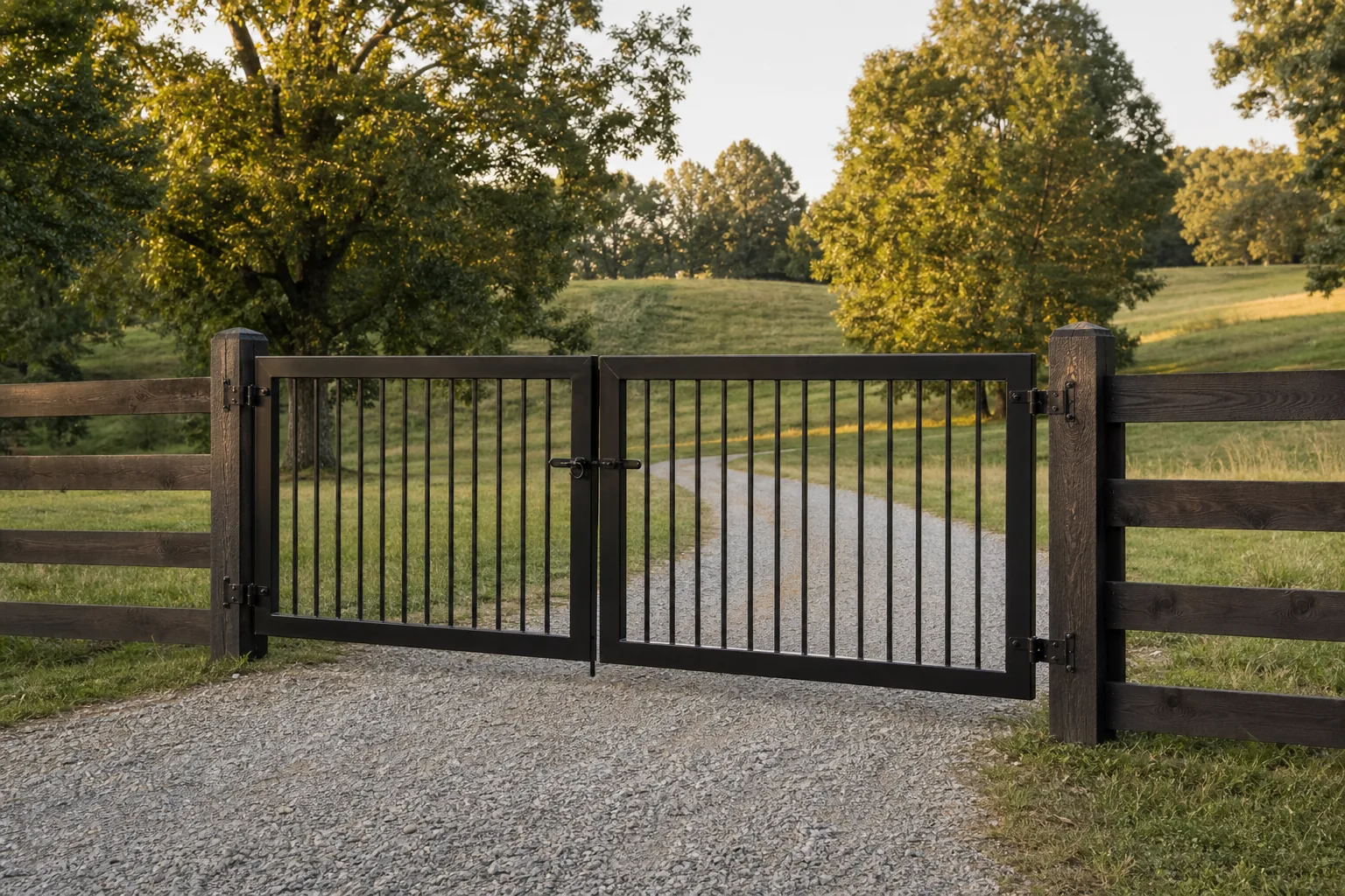 Manual double-swing driveway gate within a board fence
