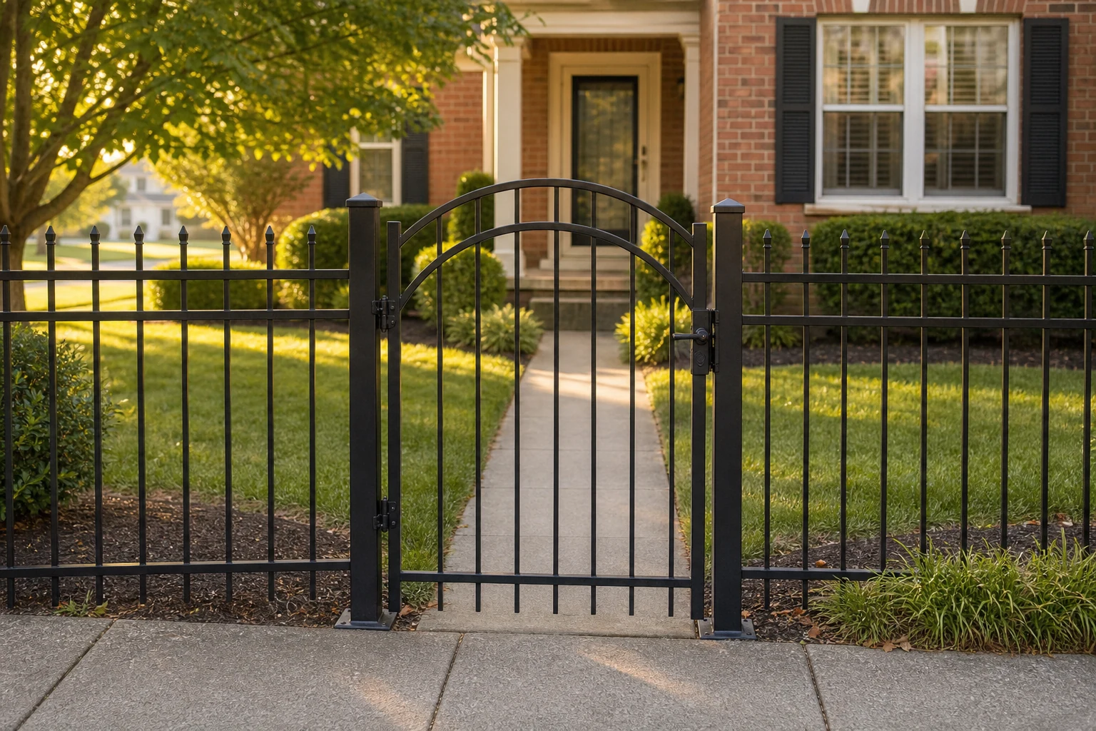 Black ornamental metal fence and arched entry gate
