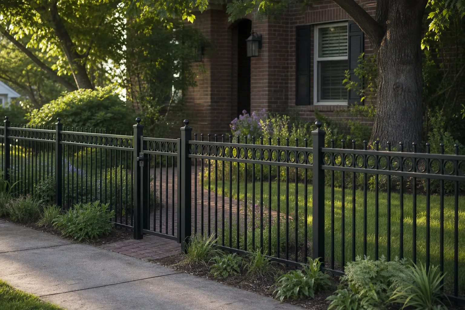 Black ornamental steel fence and walk gate beside a brick home