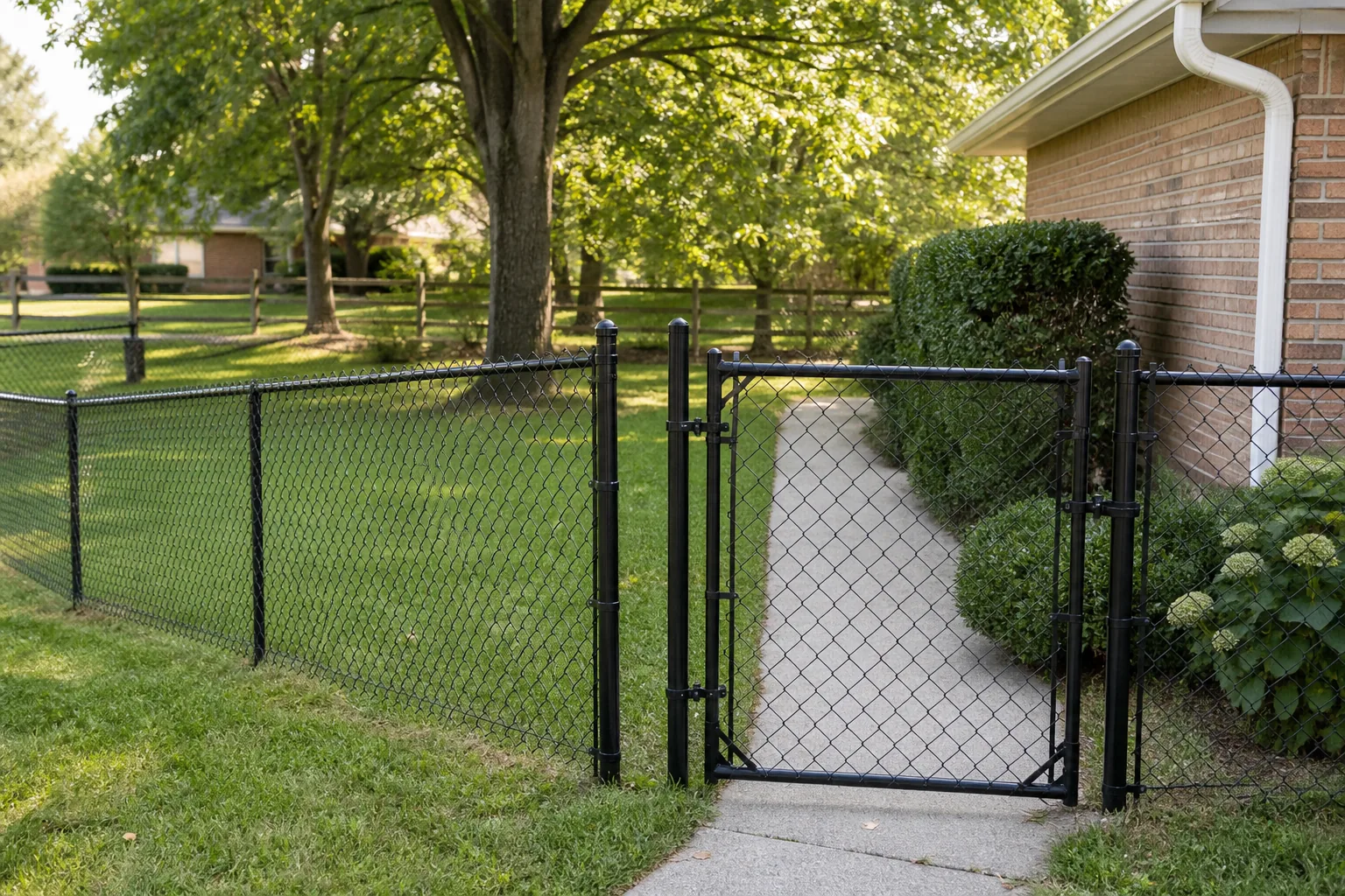 Black residential chain-link fence and walk gate beside a yard