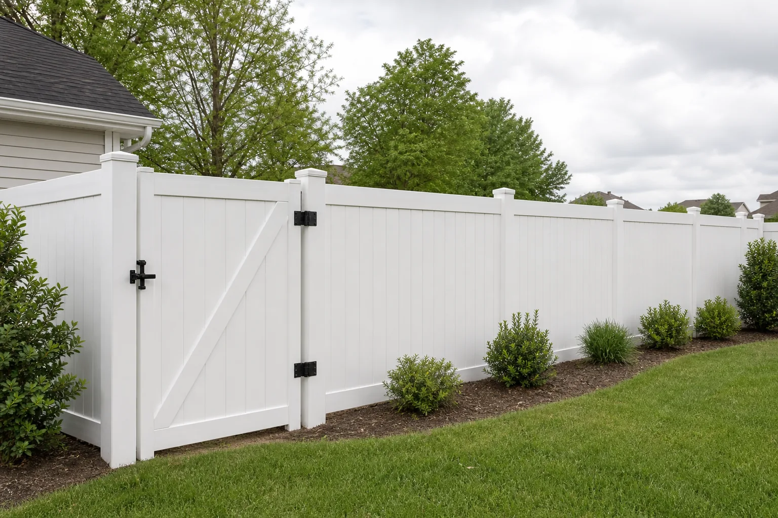 White vinyl privacy fence and walk gate beside a residential yard